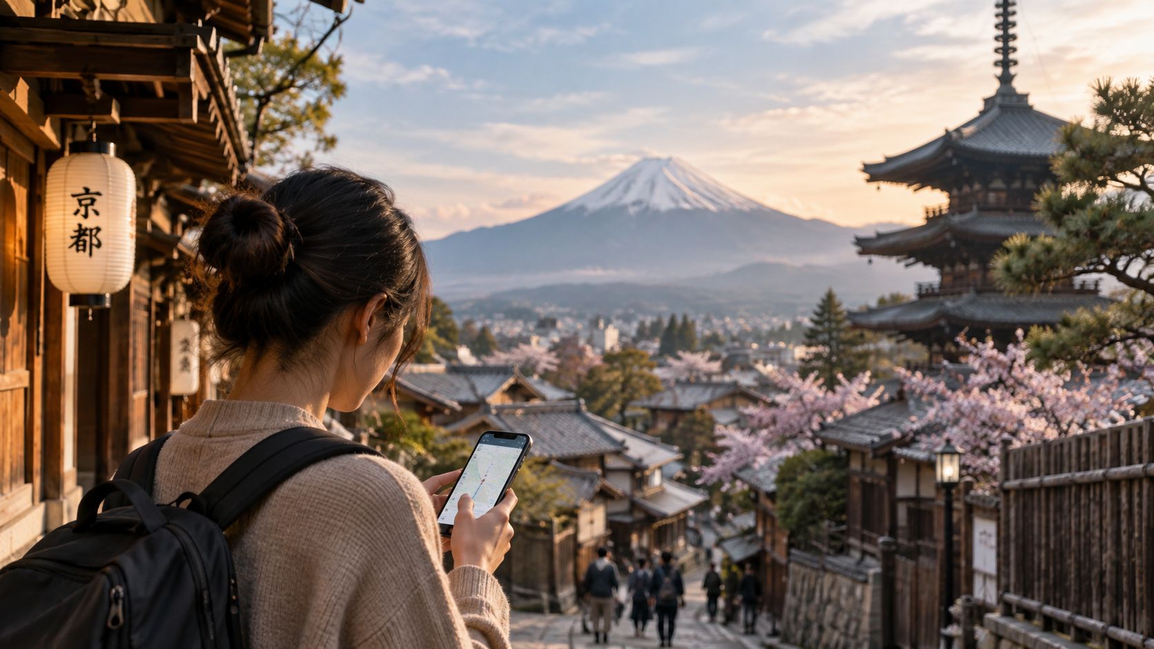 Voyageur utilisant son smartphone pour se repérer dans une rue traditionnelle japonaise