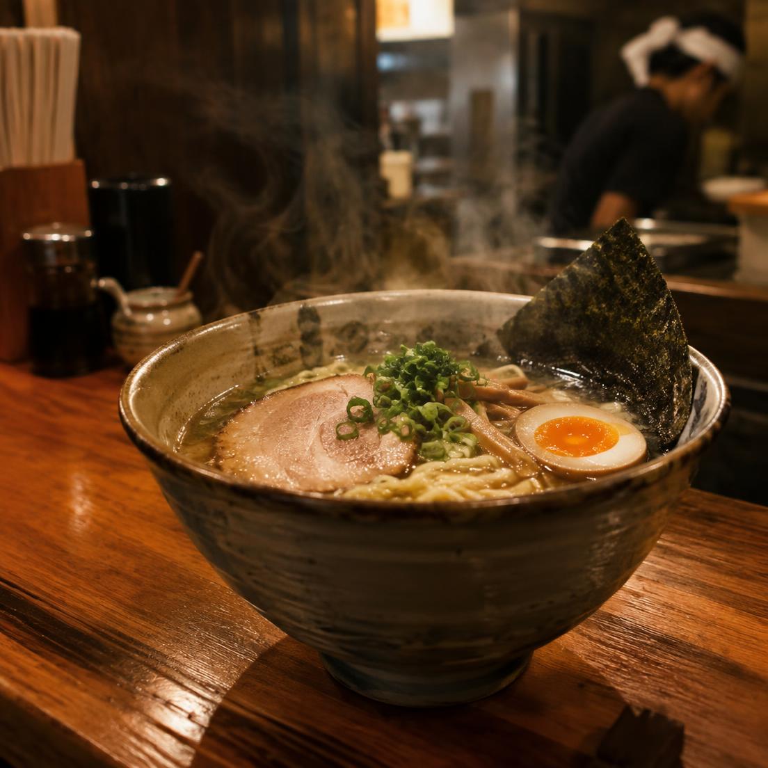 Un bol de ramen sur un comptoir en bois